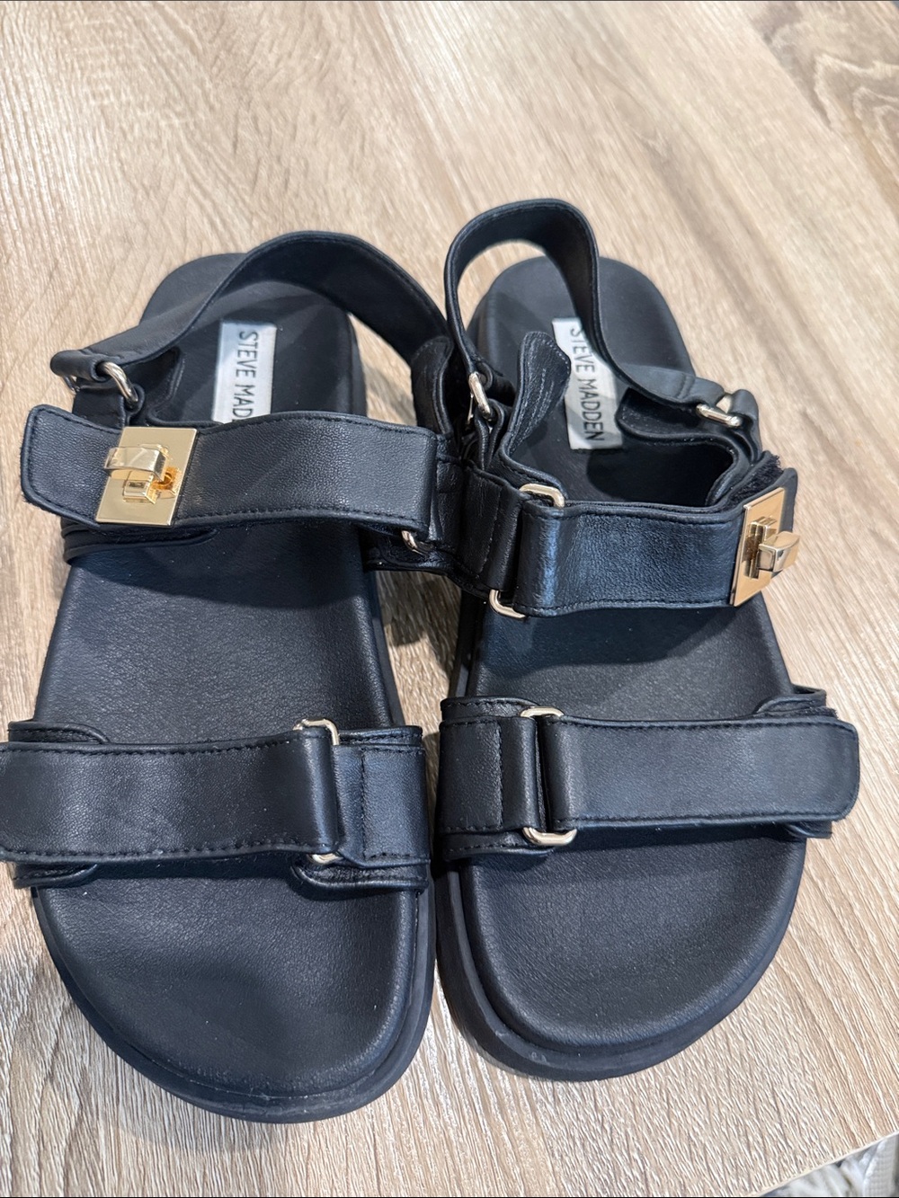 Steve Madden Black Leather Sandal with Gold Buckles
